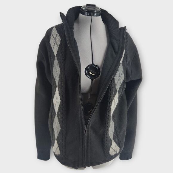 True Rock Cardigan Sweater Men's XL Full Zip Knit  Argyle Design Elbow Patches - Picture 2 of 7
